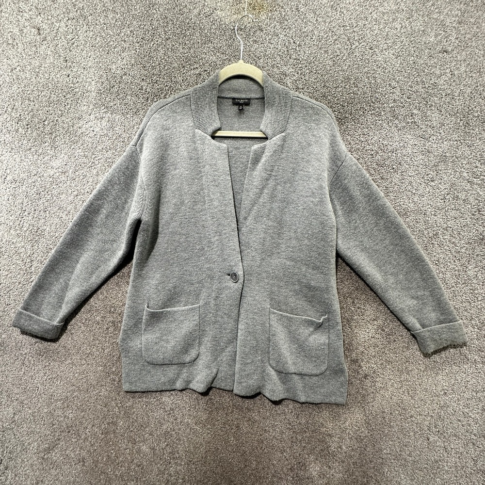 Talbots Cardigan Sweater Large Petite‎ Gray Single Button Neutral Minimalist